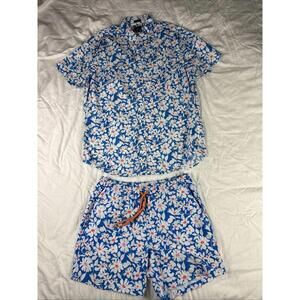 J Crew Shirt (L) Slim & Swim Shorts (M) Set Men's Blue Floral Flex Washed